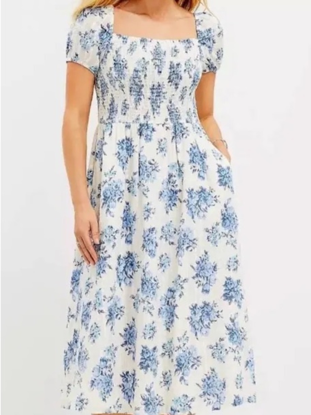 LOFT Blue and White Smocked Midi Dress
